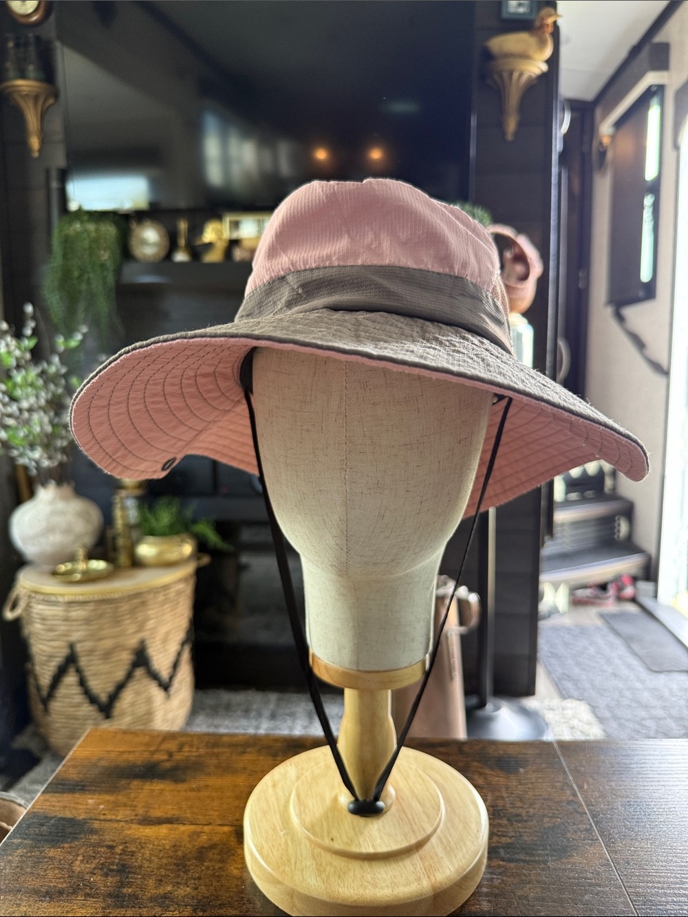 Reversible Pink and Gray Wide-Brim Sun Hat with Chin Strap